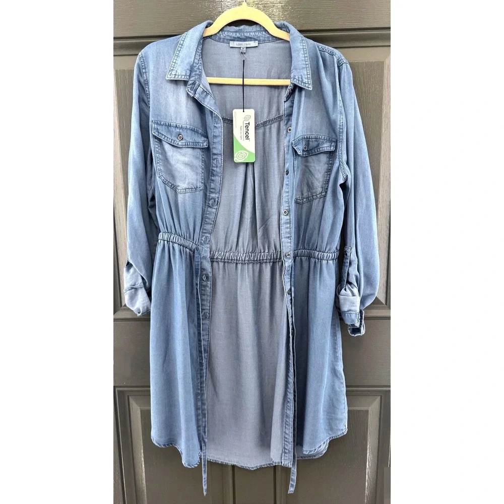 NWT 100% Tencel Love Tree Denim Shirt Dress Medium Light Blue Cowgirl Chic